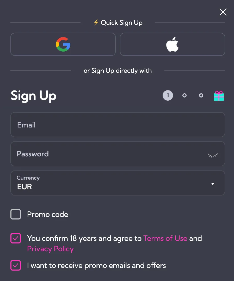 Spinalto Casino user registration and sign up form